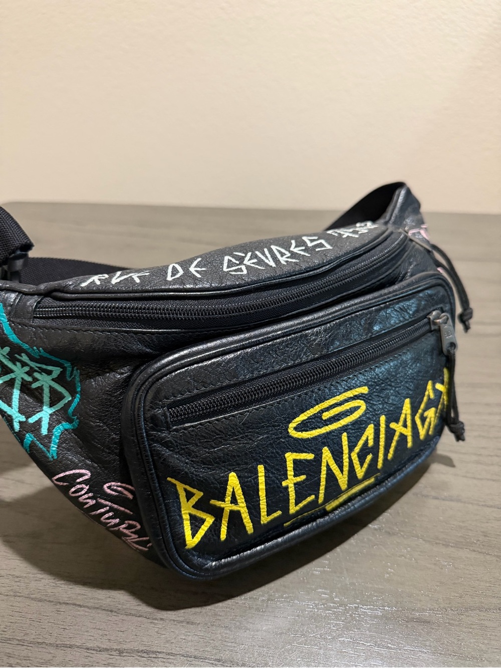 BALENCIAGA Black Graffiti Logo Belt Bag